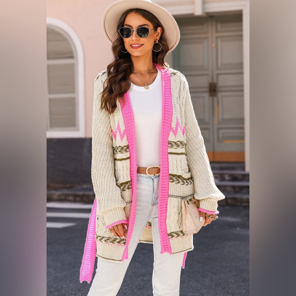 Light Grey Cable Knit Pocketed Cardigan